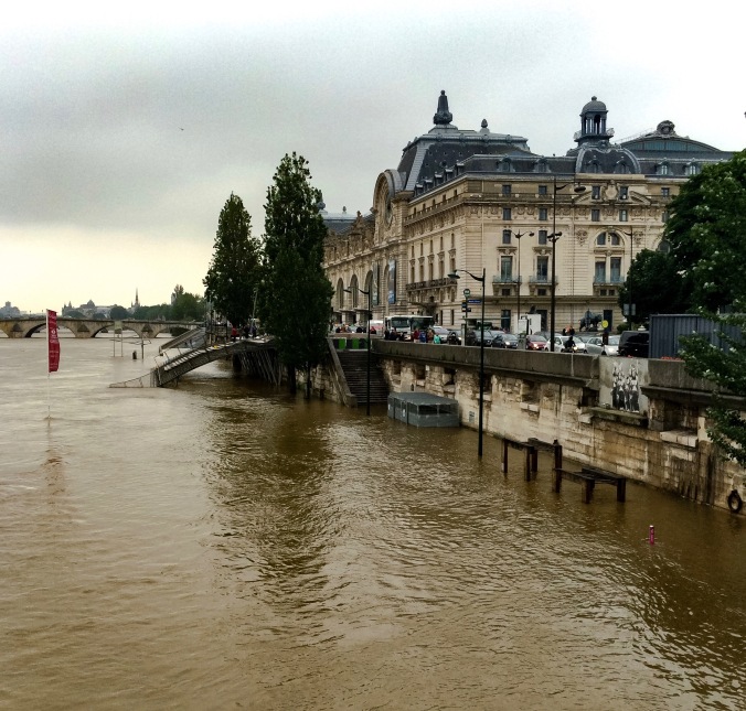 Paris, France - June 01, 2016: Seine river water flooding after major rainfalls.